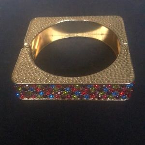 Square hinged bracelet - gold tone with colorful crystals